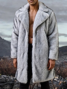 Men's long faux fur coat in grey-white wolf fur texture with wide lapel for winter warmth