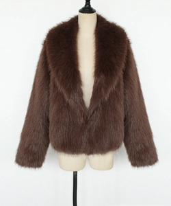 Detailed close-up of brown faux fur texture and large lapel collar on winter coat