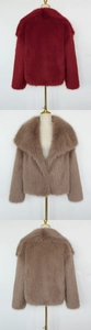 Detailed views of faux fur jackets in burgundy and dark brown with wide collars
