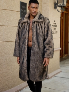 Men's faux fur long coat in dark brown faux animal texture with lapel collar for winter