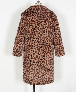 Detailed back view of a plush leopard print faux fur coat with a large notched collar