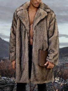 Detail of grey-brown wolf texture faux fur coat for men featuring a large lapel design