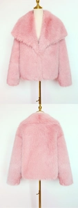 Detailed front and back view of a pink faux fur short jacket with a large lapel collar