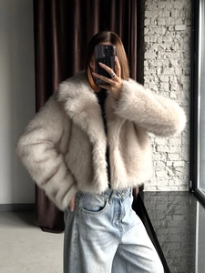Short faux fox fur jacket in cream beige with striped texture and large lapel collar