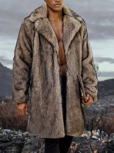 Close-up of luxury faux fur coat texture with warm brown tones on a male model