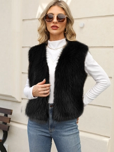 Chic black faux fur vest for women, sleeveless fluffy waistcoast for autumn winter