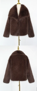 Detailed views of brown faux fur short jacket with large lapels on a gold mannequin