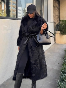 Manteau Long en Fausse Fourrure de Renard pour Femme Hiver Chaud Épais Avec Ceinture Streetwear Mode Noir