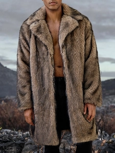 Close-up of winter faux fur coat for men showing thick brown animal texture and lapel