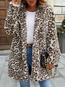 Women Casual Leopard Print Faux Fur Coat Long Sleeve Lapel Jacket Winter Warm Mid-Length Oversized Outwear Fashion Coat