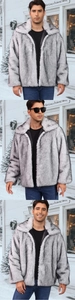 Vertical collage of a men's faux fur winter coat in grey-white with a snowy background