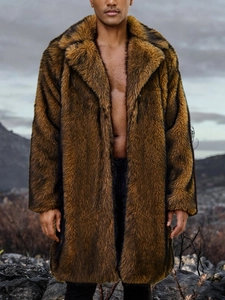 Men's faux fur long coat with tiger stripes and wide lapels for winter warmth