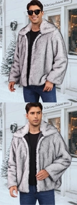 Detail of men's silver faux fur winter coat with large lapels and plush striped texture