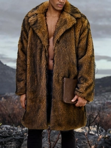 Detailed close-up of faux fur texture on men's long coat featuring a wide lapel design