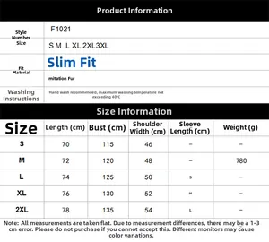 Size chart for F1021 faux leather vest showing measurements from S to 3XL for slim fit style