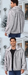 Back and front view of men's faux fur jacket with lapel collar in a winter snow setting