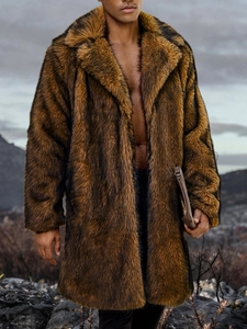 Close-up of men's long faux fur coat featuring tiger print pattern and wide lapel collar