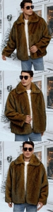 Detailed views of men's faux fur winter jacket with lapels shown in a snowy landscape