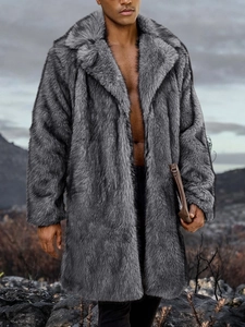 Close-up of deep gray faux fur texture on men's long winter coat with large lapels