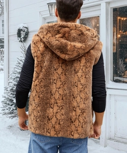 Gilet pour homme avec capuche en fausse fourrure épaisse et motif python marron en hiver
