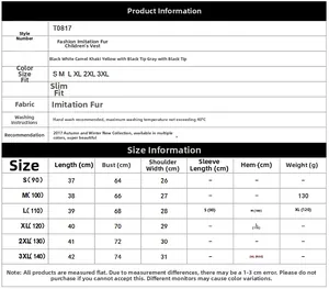 Tableau des tailles pour gilets en fausse fourrure enfants avec mesures de S à 3XL