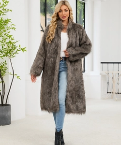 Deep grey long faux fur coat with high collar and lush texture shown in full model view