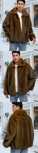 Three views of men's brown faux fur jacket with lapel collar in a snowy winter setting