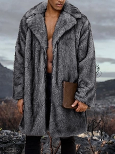 Men's dark grey faux fur long coat with plush texture and wide collar outdoor view