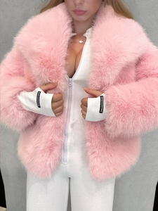 Pink faux fur jacket with large lapel and white zipper bodysuit for women's winter fashion