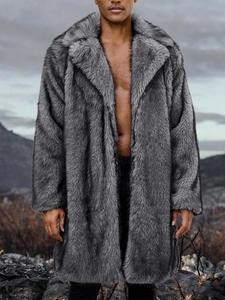 Deep grey long faux fur coat for men featuring a thick plush texture and wide lapels