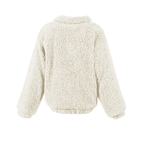 Back view of beige sherpa jacket with stand collar and thick textured fleece fabric
