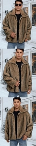 Outdoor winter fashion showing men's faux fur lapel jacket in brown and black stripes