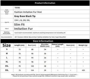 Detailed size guide table for women faux fur vest featuring measurements from S to 3XL