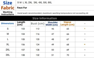 Detailed size chart for men faux fur long coat ranging from size S to 6XL with measurements