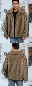 Men's winter faux fur jacket with lapel collar shown in outdoor snowy street scene