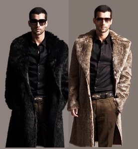 Detail view of winter faux fur coats for men in black and brown with lapel collar