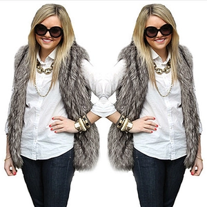 Chic grey faux fur long vest sleeveless waistcoat for women styled with casual white shirt