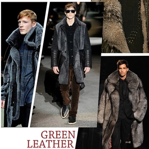 Close-up detail of luxury men faux fur coats in charcoal grey and dark brown