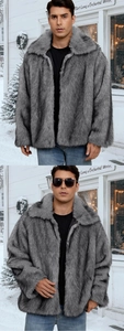 Deep gray faux fur winter coat for men with a large lapel collar and thick warm texture