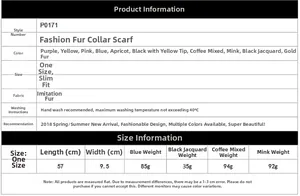 Size chart showing 57cm length and color options for the faux fur fashion scarf
