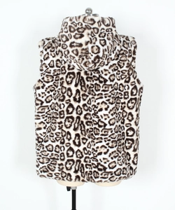 Rear view of faux fur leopard print hooded vest on a mannequin for winter warmth