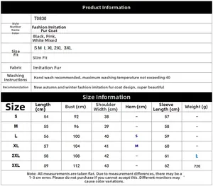 Detailed size chart for faux fur coat showing S-3XL measurements in centimeters