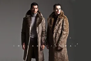 Detail view of premium men's faux fur long coats with thick plush texture and suede finish