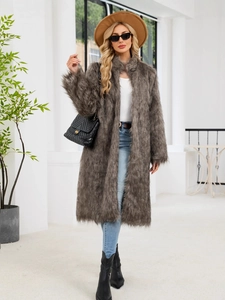 Women's mid-length taupe faux fur coat in fluffy long hair style with stand-up collar