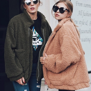 Women Casual Teddy Fleece Jacket Oversized Sherpa Coat With Zipper Pocket Stand Collar Winter Warm Long Sleeve Outwear
