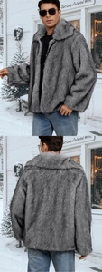 Detail view of men's winter faux fur jacket with wide lapel collar and grey plush texture