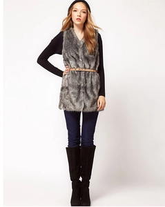 Chic long faux fur vest in grey with a stylish camel pin-buckle waist belt detail