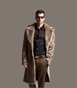 Close-up of brown faux fur texture and wide collar on a long men's winter coat