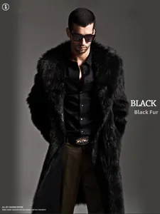 Detail of premium black faux fur texture and large lapel collar on men's long coat