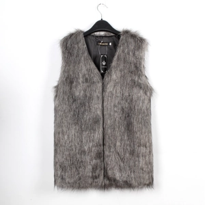 Women's long faux fur vest in grey mix with sleeveless open front design